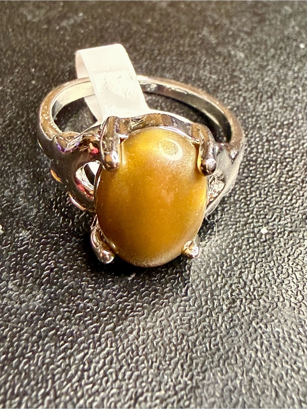 Sz 8/9 Silver Tone Ring with Golden Yellow-Brown Oval Cabochon